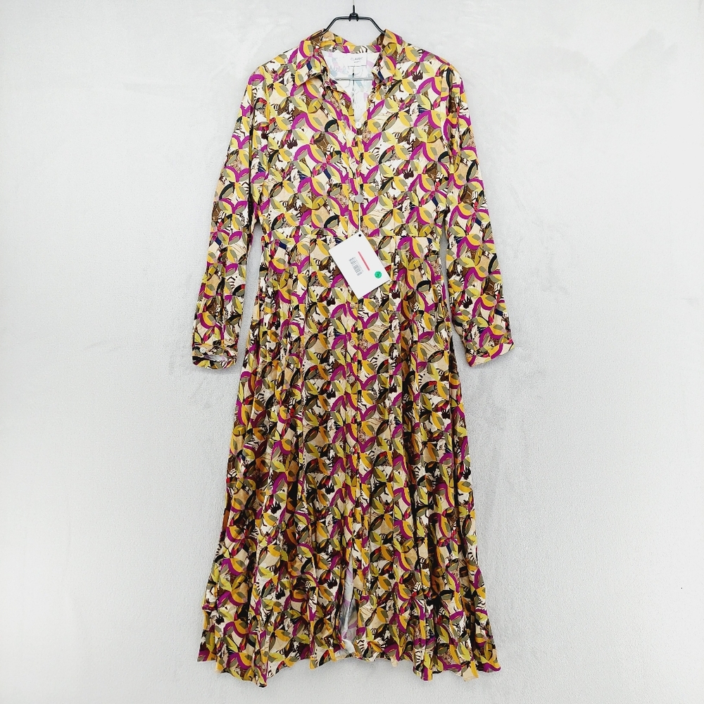 New Claude Milano Abstract Print Button Front Long Sleeve Midi Dress P446